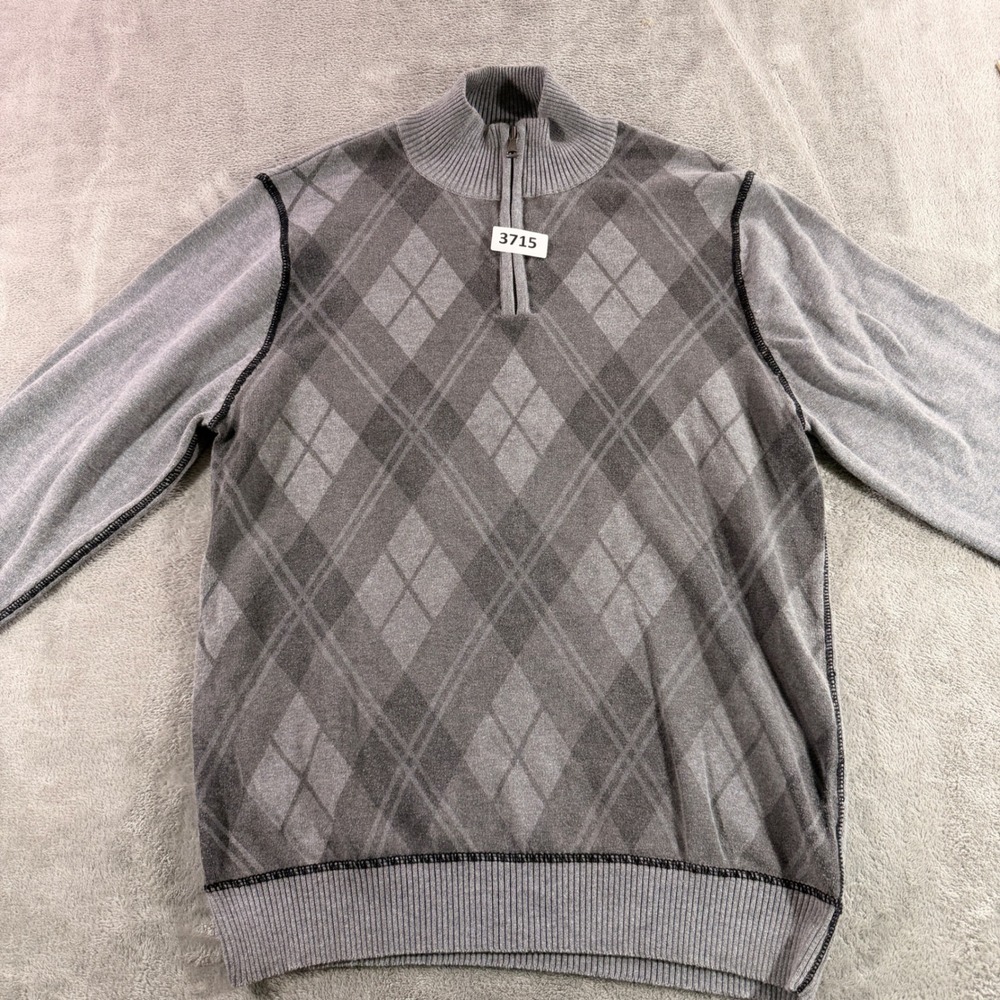 BKE Sweater Mens Large Grey Argyle Quarter Zip Athletic Fit Long Sleeve Pullover